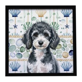 Miniature Parti Poodle Coastal Sea Glass Framed Metal Print Bathroom, Kitchen, Office, Home Decor Wall Art Ready to Hang, Square, 8X8